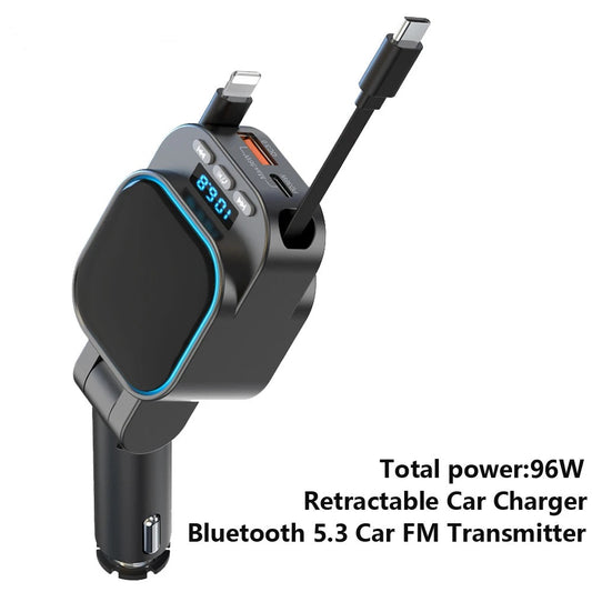 FM Transmitter Bluetooth 5.3 + Fast Car Charger with 2 Retractable Cables 