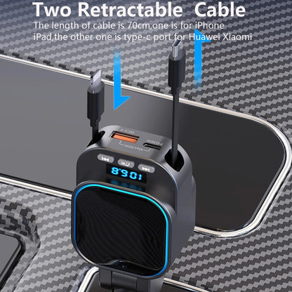 FM Transmitter Bluetooth 5.3 + Fast Car Charger with 2 Retractable Cables 