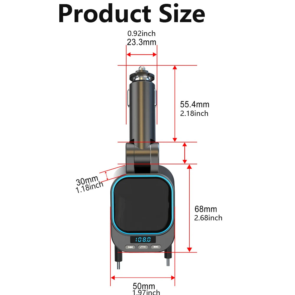 FM Transmitter Bluetooth 5.3 + Fast Car Charger with 2 Retractable Cables 