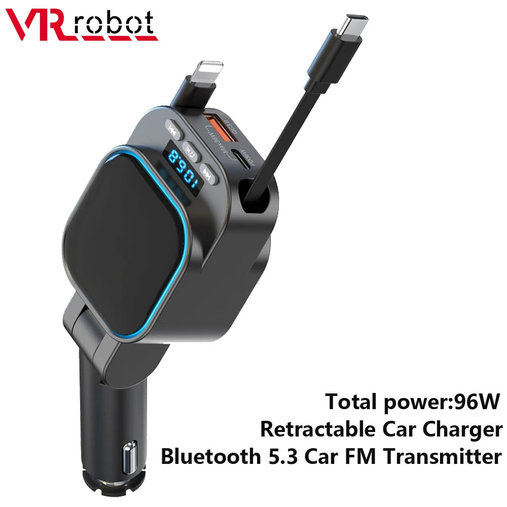 FM Transmitter Bluetooth 5.3 + Fast Car Charger with 2 Retractable Cables 